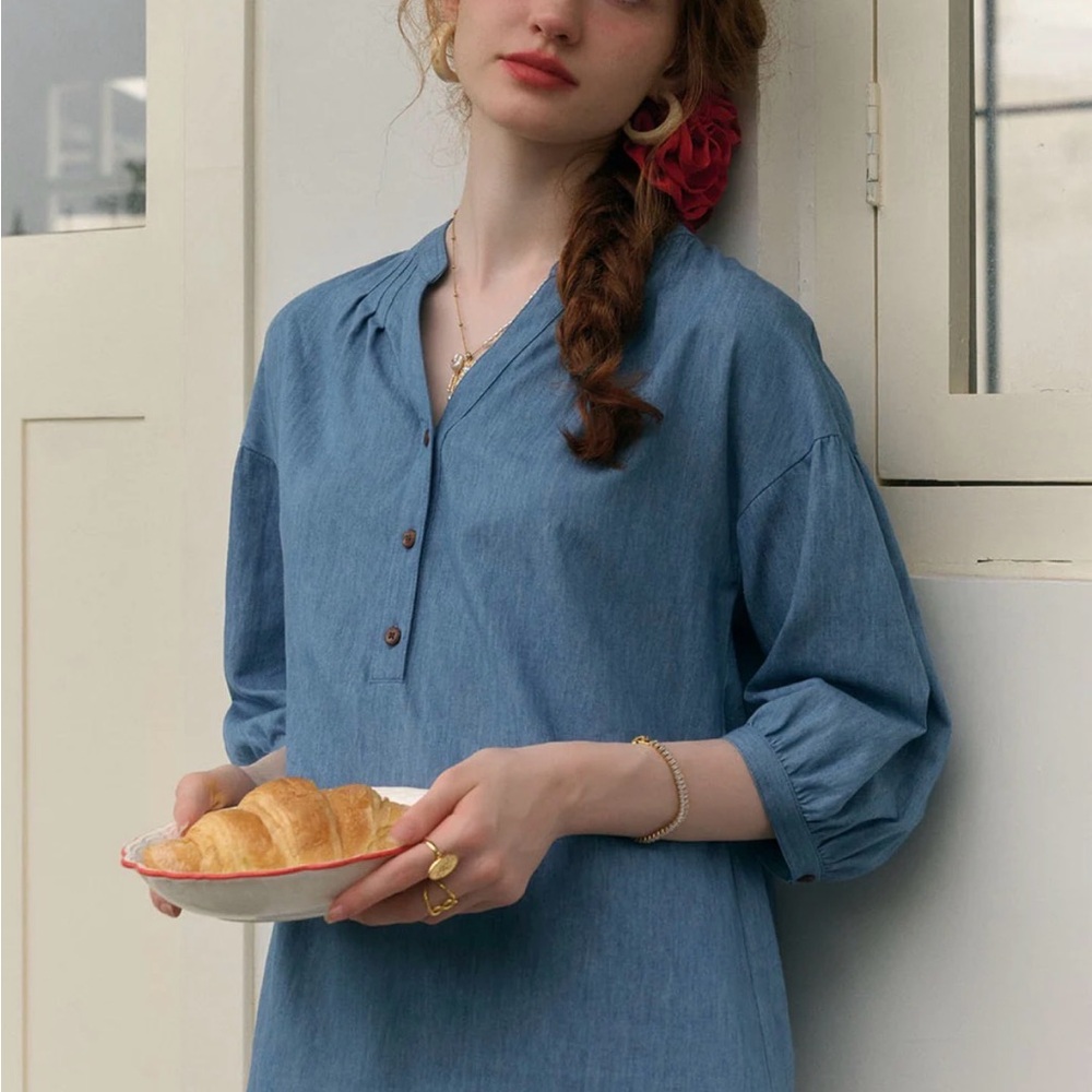 NWT Simple Retro Carolina Top, Denim Blue Blouse